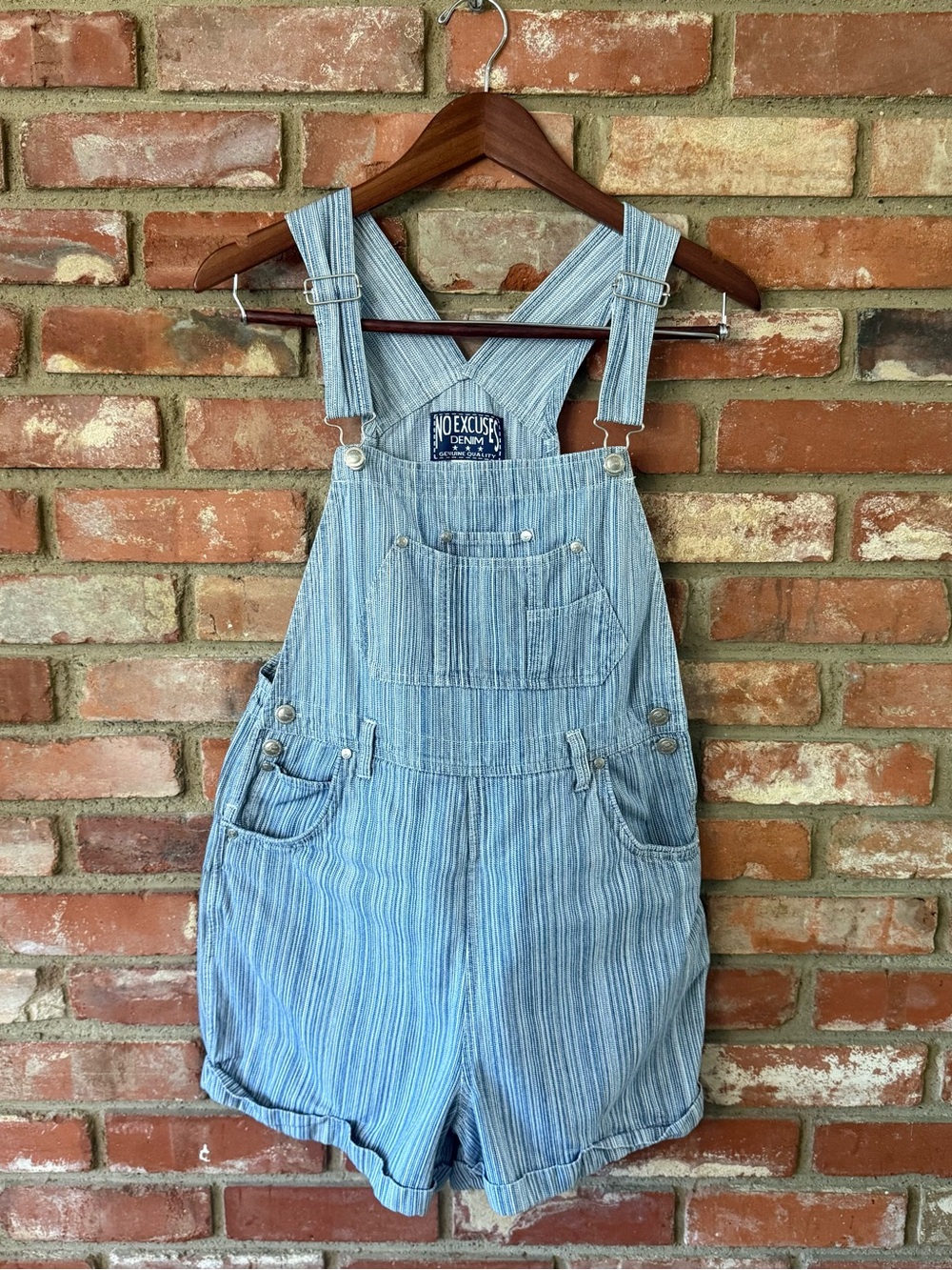 Vintage No Excuses Denim Striped Short Overalls - Light Blue